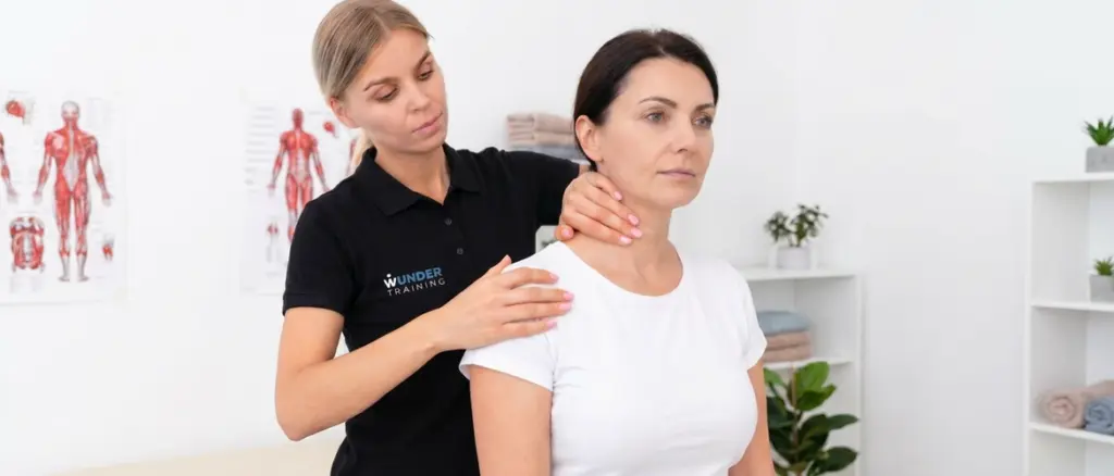 Fisioterapeuta evaluando la movilidad cervical de una paciente durante la recuperación tras una operación de hernia discal cervical